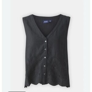 Gap Eyelet Linen Blend Scalloped Hem Button Sleeveless Top Dark Cottage Womens L